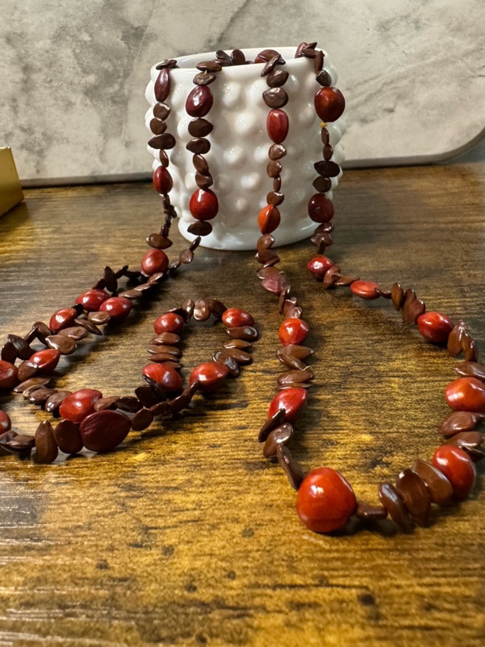 Vintage Boho Natural Seed Necklace Red Sandalwood & Apple Seeds 44" No Clasp - Picture 4 of 5